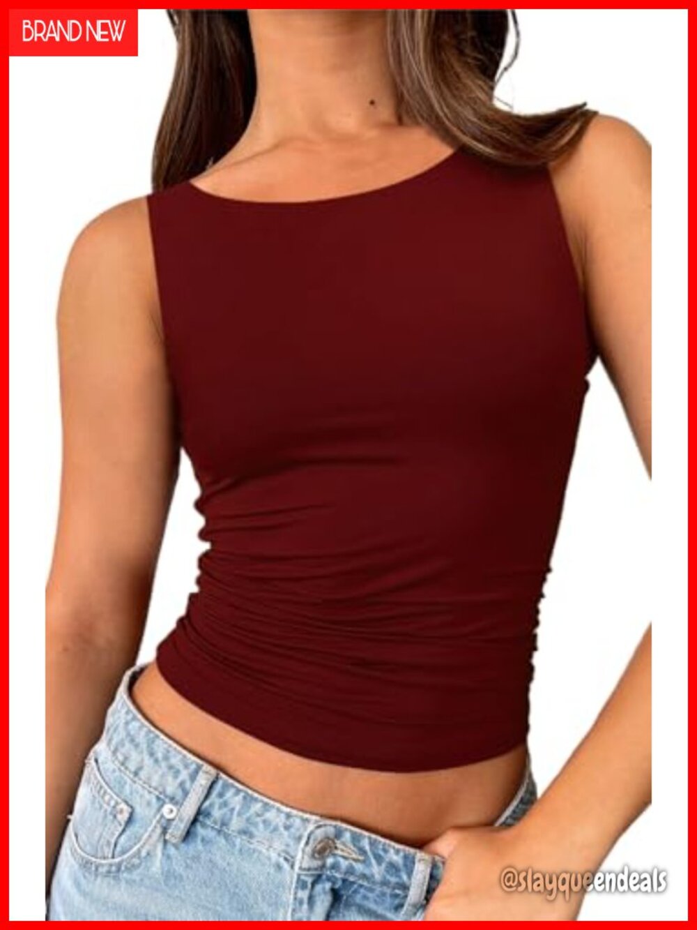 Double Lined Boat Neck Ruched Tank Top Slim Fit Sleeveless Summer Crop Going